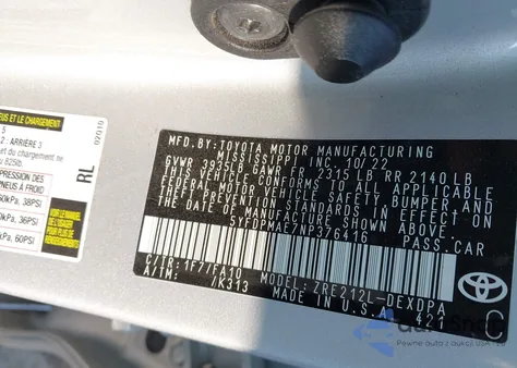 2022 Toyota Corolla L z USA, uszkodzony, nr VIN 5YFDPMAE7NP376416